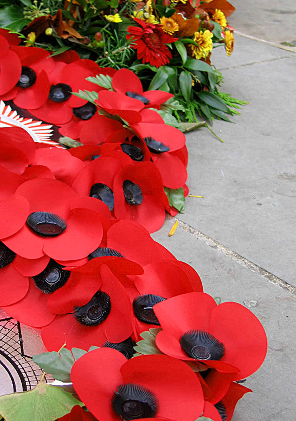 British Remembrance Day poppy wreath with Royal British Legion-style poppies